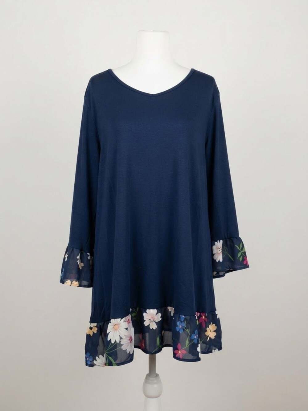 Terra & Sky Navy Blue Floral Print Tunic Top with Lace-Up Back and Ruffle Sleeve